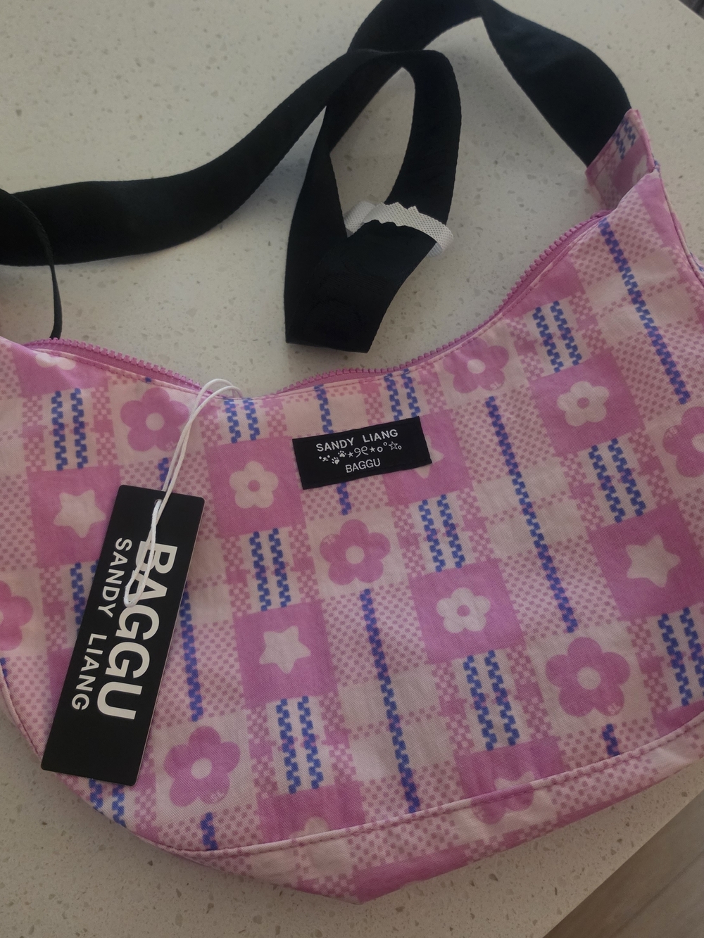 Sandy Liang Pink Floral Checker Crescent Crossbody Bag
